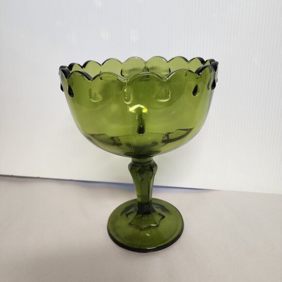 Vintage Indian Glass Scalloped Green teardrop pedestal compote EUC - Picture 1 of 5
